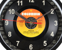 Load image into Gallery viewer, Berlin &quot;Take My Breath Away&quot; Record Wall Clock 45rpm Recycled Vinyl
