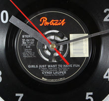 Load image into Gallery viewer, Cyndi Lauper &quot;Girls Just Want To Have Fun&quot; Record Clock 45rpm Recycled Vinyl
