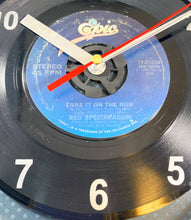 Load image into Gallery viewer, REO Speedwagon &quot;Take It On The Run&quot; Record Clock 45rpm Recycled Vinyl

