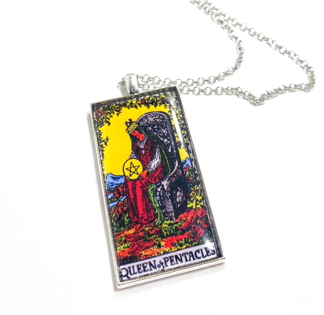 Queen Of Pentacles Tarot Card Pendant Necklace - Large