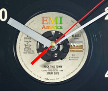 Load image into Gallery viewer, Stray Cats &quot;Rock This Town&quot; Record Clock 45rpm Recycled Vinyl
